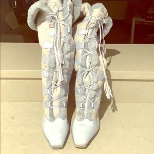 Manolo Blahnik baby blue with shearling fur boots